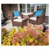 Brown Barrel Wicker Chairs and Ottoman Set, as