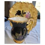 Pair of Tuscan Style Ceramic Fruit Decor Covered Jars with Pitcher & Charger