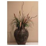 Large Tall Ceramic Vase w/ Faux Grass Arrangement