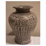 Hand-Etched Artisan Clay Vase Ð Textured Leaf & Stripe Design