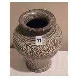 Hand-Etched Artisan Clay Vase Ð Textured Leaf & Stripe Design