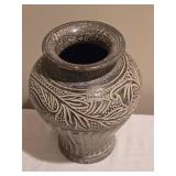 Hand-Etched Artisan Clay Vase Ð Textured Leaf & Stripe Design