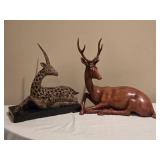 Pair of Reclining Deer Sculptures - Carved Wood & Cast Metal - Uttermost