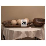 Primitive Hand-Carved Wooden Dough Trough w/ 3 Ostrich Eggs & Wood Bowl Dcor