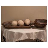 Primitive Hand-Carved Wooden Dough Trough w/ 3 Ostrich Eggs & Wood Bowl Dcor
