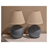 Pair of Round Ceramic Table Lamps Ð Soft Blue w/ Shades
