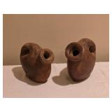 Primitive Rustic Double Spout Clay Pottery Jug Pair