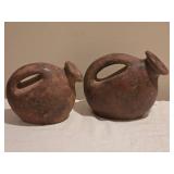 Primitive Rustic Double Spout Clay Pottery Jug Pair