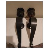 Pair of Heavy Metal Wall Candle Sconces with Amber Glass Orbs