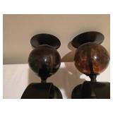 Pair of Heavy Metal Wall Candle Sconces with Amber Glass Orbs