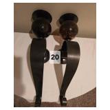 Pair of Heavy Metal Wall Candle Sconces with Amber Glass Orbs