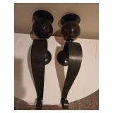 Pair of Heavy Metal Wall Candle Sconces with Amber Glass Orbs