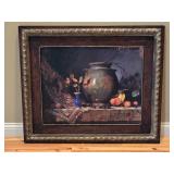Framed Still Life Art Ð Rustic Pottery & Fruit Scene in Ornate Frame