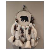 Bear Silhouette Leather & Fur Dreamcatcher Wall Art