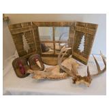 Rustic Lodge Décor Lot – Barnwood Window Frame + Vintage Fishing Lure Mounts + Antler Rack
