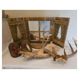 Rustic Lodge Décor Lot – Barnwood Window Frame + Vintage Fishing Lure Mounts + Antler Rack