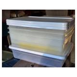 Lot of (4) Plastic Storage Totes (3) 23"x16"x6", (1) 23"x16"x5"