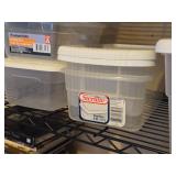 Lot of (5) Plastic Storage Bins with Lids (1) 16"x12"x7", (4) 14"x8"x4"