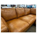 NEW IN BOX Maddox Mid-Century Sofa – Cognac Faux Leather – Fully Padded, Easy-Clean, 5th Support Leg