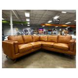 NEW IN BOX Maddox Mid-Century Sofa – Cognac Faux Leather – Fully Padded, Easy-Clean, 5th Support Leg