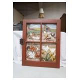Window Pane Wall Hanging. Farm Chickens Painting w/Chicken Wire