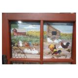 Window Pane Wall Hanging. Farm Chickens Painting w/Chicken Wire
