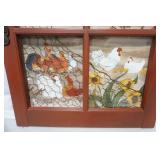 Window Pane Wall Hanging. Farm Chickens Painting w/Chicken Wire