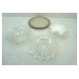 Translucent Crystal Sunflower Platter & Bowl; Fenton Ruffled Milk Glass Footed Bowl; Stoneware Platter