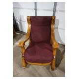 Early 20th-Century American Oak Rocking Chair with Burgundy Upholstery