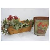 Decor Basket, Artificial Flowers, Decorative Metal Waste Basket