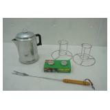 Vintage Comet Aluminum Coffee Pot, Camp Heat Fuel Cans, Stands, Grilling Fork