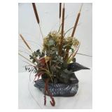 Wooden Loon Planter w/artificial arrangement, Wooden Decorative Box, and Metal Decorative Pocket