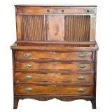 LR - Vintage New England Hepplewhite Step Back Tambour Flip Top Secretary Desk