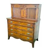 LR - Vintage New England Hepplewhite Step Back Tambour Flip Top Secretary Desk