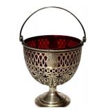 K - Antique Sterling Silver Basket with Ruby Red Glass Insert
