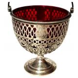 K - Antique Sterling Silver Basket with Ruby Red Glass Insert
