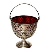 K - Antique Sterling Silver Basket with Ruby Red Glass Insert