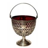 K - Antique Sterling Silver Basket with Ruby Red Glass Insert