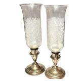 LR - Pair of Vintage International Sterling Silver Lord Saybrook Candlesticks with Glass Hurricane Shades