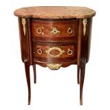 DR - Antique French Marble-Top Two-Drawer Nightstand with Brass Ormolu