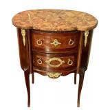 DR - Antique French Marble-Top Two-Drawer Nightstand with Brass Ormolu