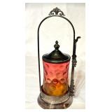 K - Antique Victorian Simpson Hall Miller Amberina Pickle Castor with Tongs