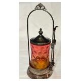 K - Antique Victorian Simpson Hall Miller Amberina Pickle Castor with Tongs