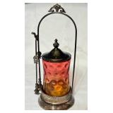 K - Antique Victorian Simpson Hall Miller Amberina Pickle Castor with Tongs