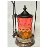 K - Antique Victorian Simpson Hall Miller Amberina Pickle Castor with Tongs