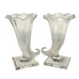 LR - Pair of Vintage Steuben Cornucopia Glass Vases