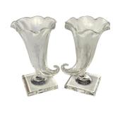 LR - Pair of Vintage Steuben Cornucopia Glass Vases