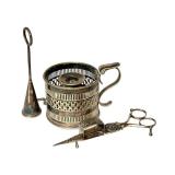 LR - Vintage Silver Tone Candle Holder with Snuffer and Wick Trimmer Set
