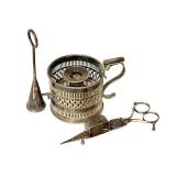 LR - Vintage Silver Tone Candle Holder with Snuffer and Wick Trimmer Set