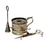LR - Vintage Silver Tone Candle Holder with Snuffer and Wick Trimmer Set